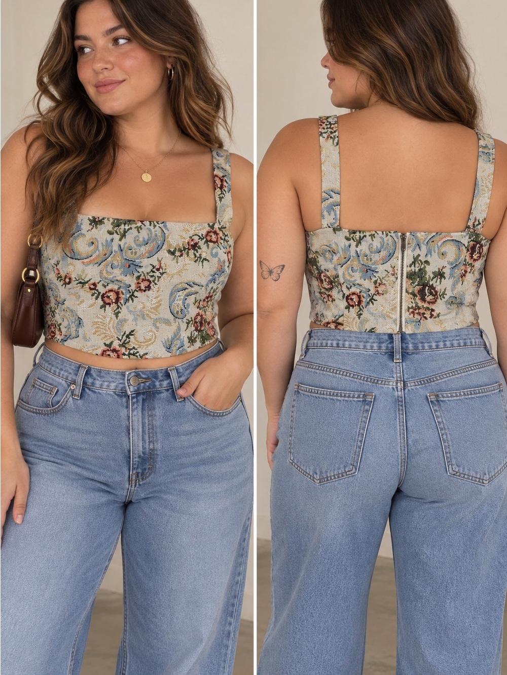 Floral Tapestry Square-Neck Crop Top in Cream,l